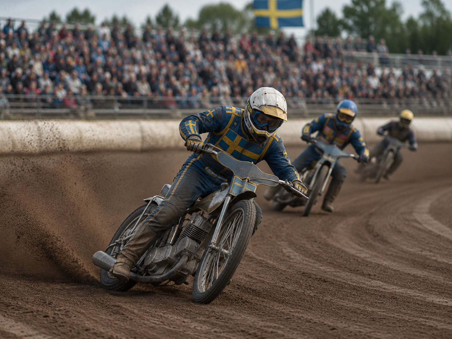 Swedish motorcycle speedway riders racing on a loose-surface oval track
